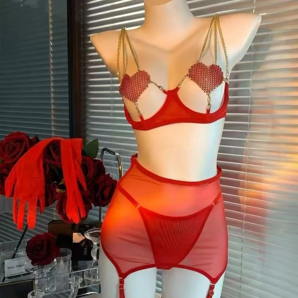 

Сексуальный комплект нижнего белья, женский бюстгальтер с полой цепочкой, сетчатый костюм-стринги, перспективное нижнее белье, костюм искушения для ролевых игр