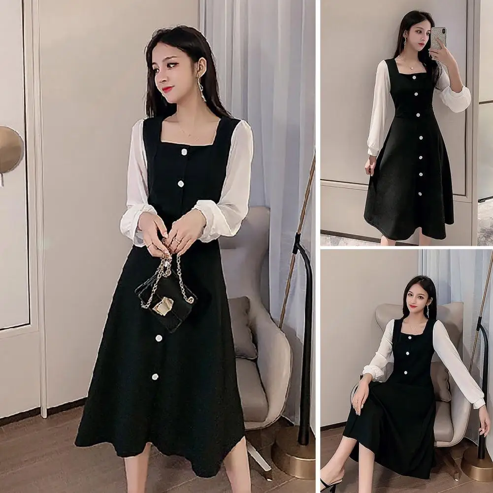 Gaun Midi lengan panjang wanita, baju lengan panjang leher persegi, baju Midi model A-line dengan dekorasi kancing Patchwork jala untuk wanita, baju Retro Solid