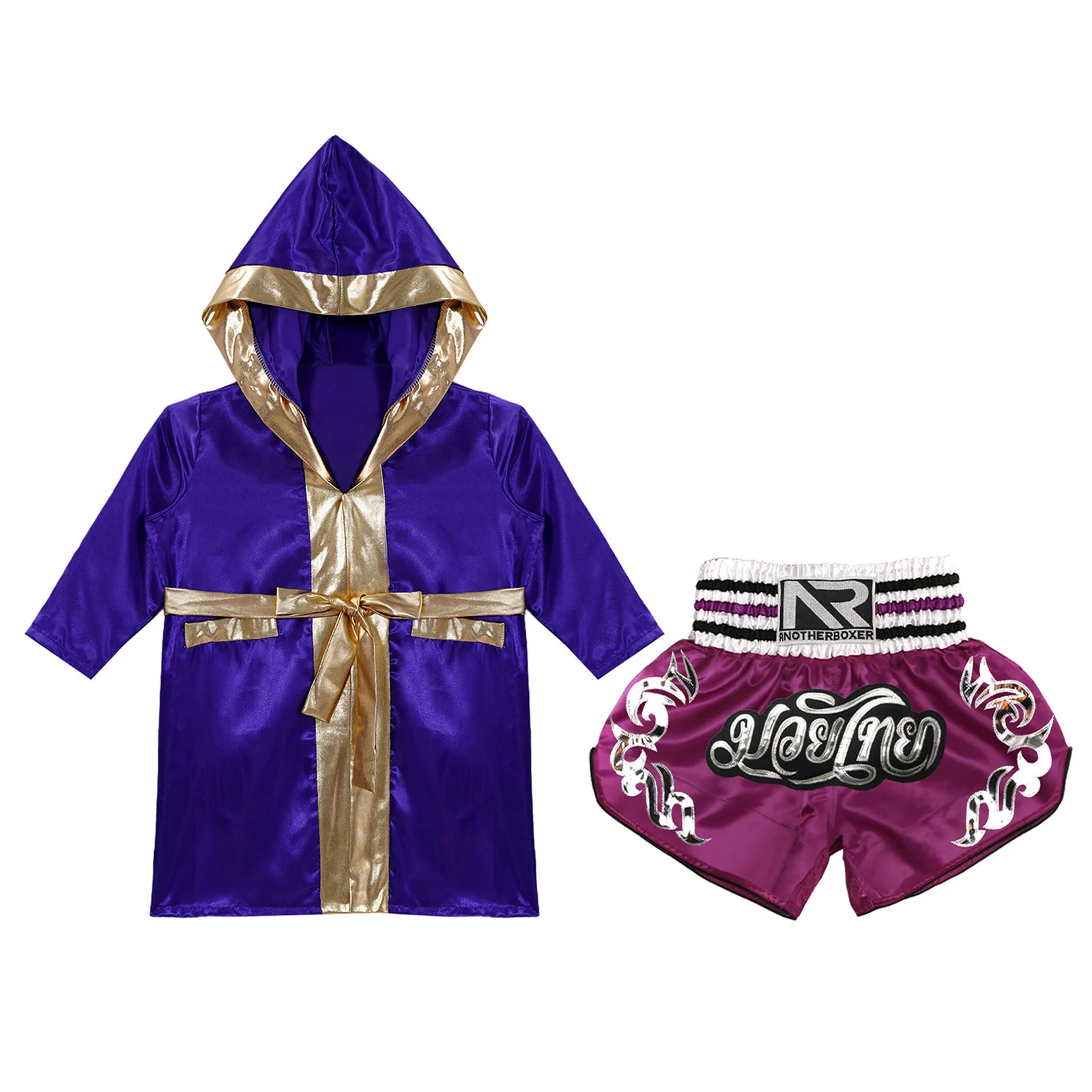

Kids Boxing Outfit for Boys Halloween Cosplay Costume Long Sleeve Metallic Trim Satin Belted Robe Hooded Cloak with Shorts Suit