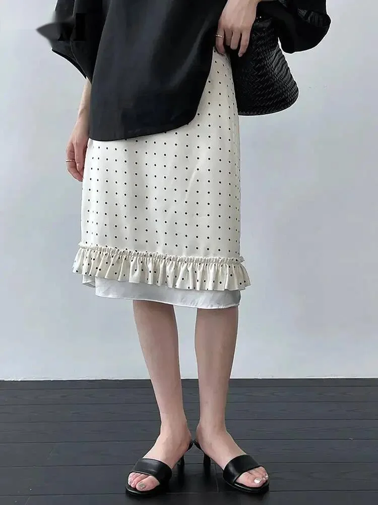 High Elastic Waist Apricot Dot Ruffles Knee-Length A-line Half-body Skirt Women Fashion Tide New Spring Summer