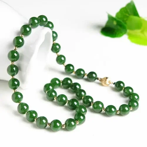

10mm Brazilian Green Jade Round Gems Beads 14KGP Necklace AAA 18"