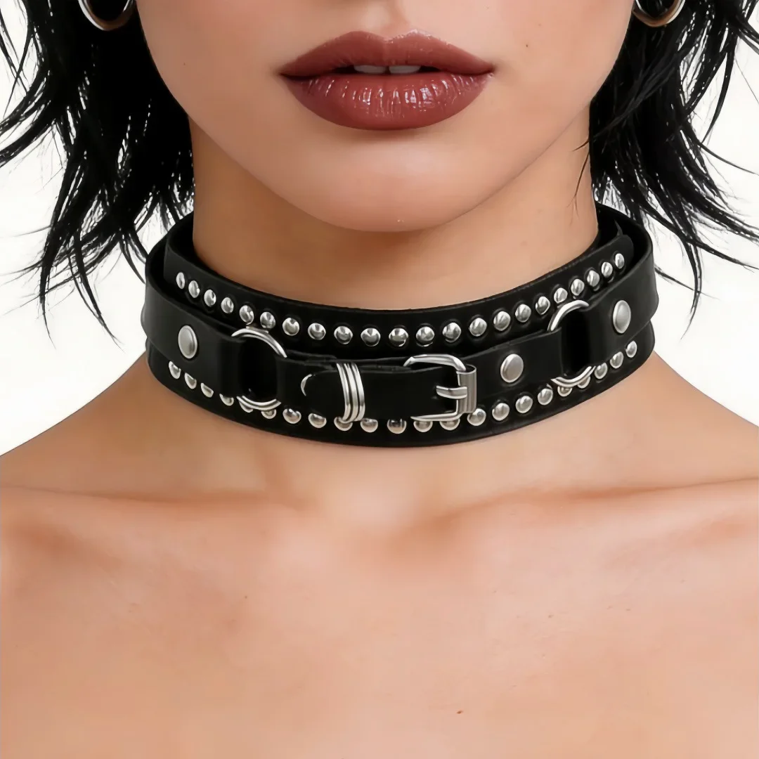 Fashion Punk style  Personality Rock  Couple Retro Multiple rivets Ring  Leather Alloy Necklace