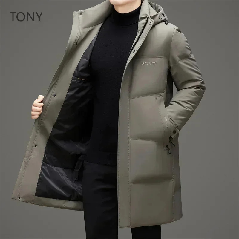 Long Down Jacket Man Removable Hat Grey Duck Padding Designer Clothes Men 2025 Warm Winter Male Coat