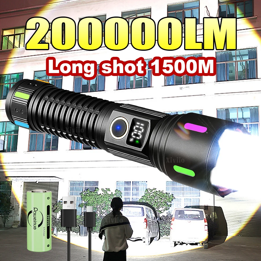 200000LM أقوى مشاعل 5 طرق نوع C قابلة للشحن LED الشعلة زوومابلي عالية الطاقة مصباح ليد جيب USB فانوس تكتيكي