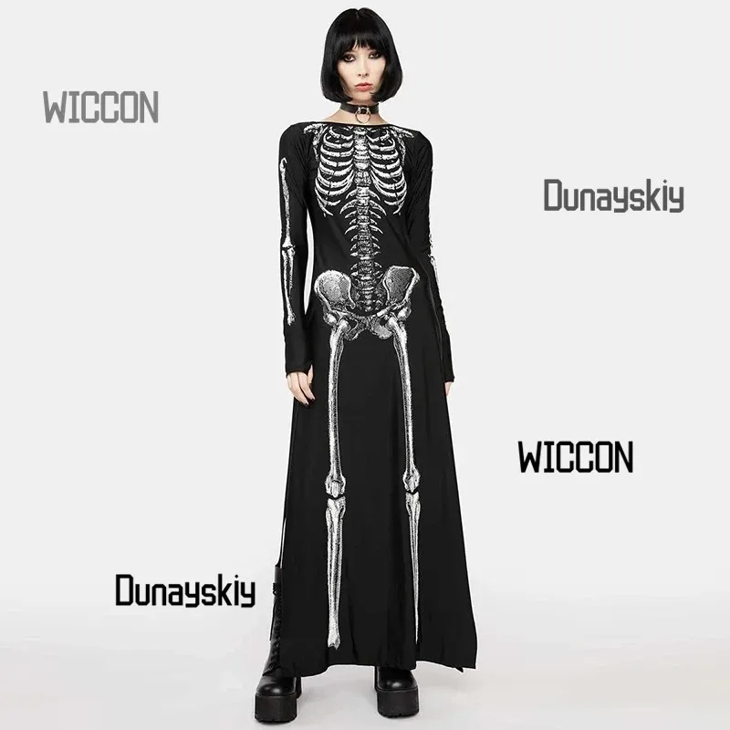 Gothic Y2K Maxi Dress - Halloween/Christmas/Easter/Oktoberfest Versatile Skull Print Dress