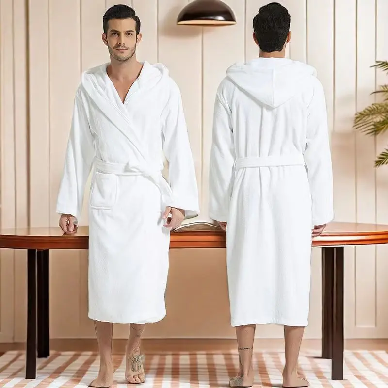 

Hooded Bathrobe for Men, Thick Warm Towel, Fleece Cotton Dressing Gowns, Long Bath Robe, Hotel Spa, Soft Bridesmaid, 100% Cotton