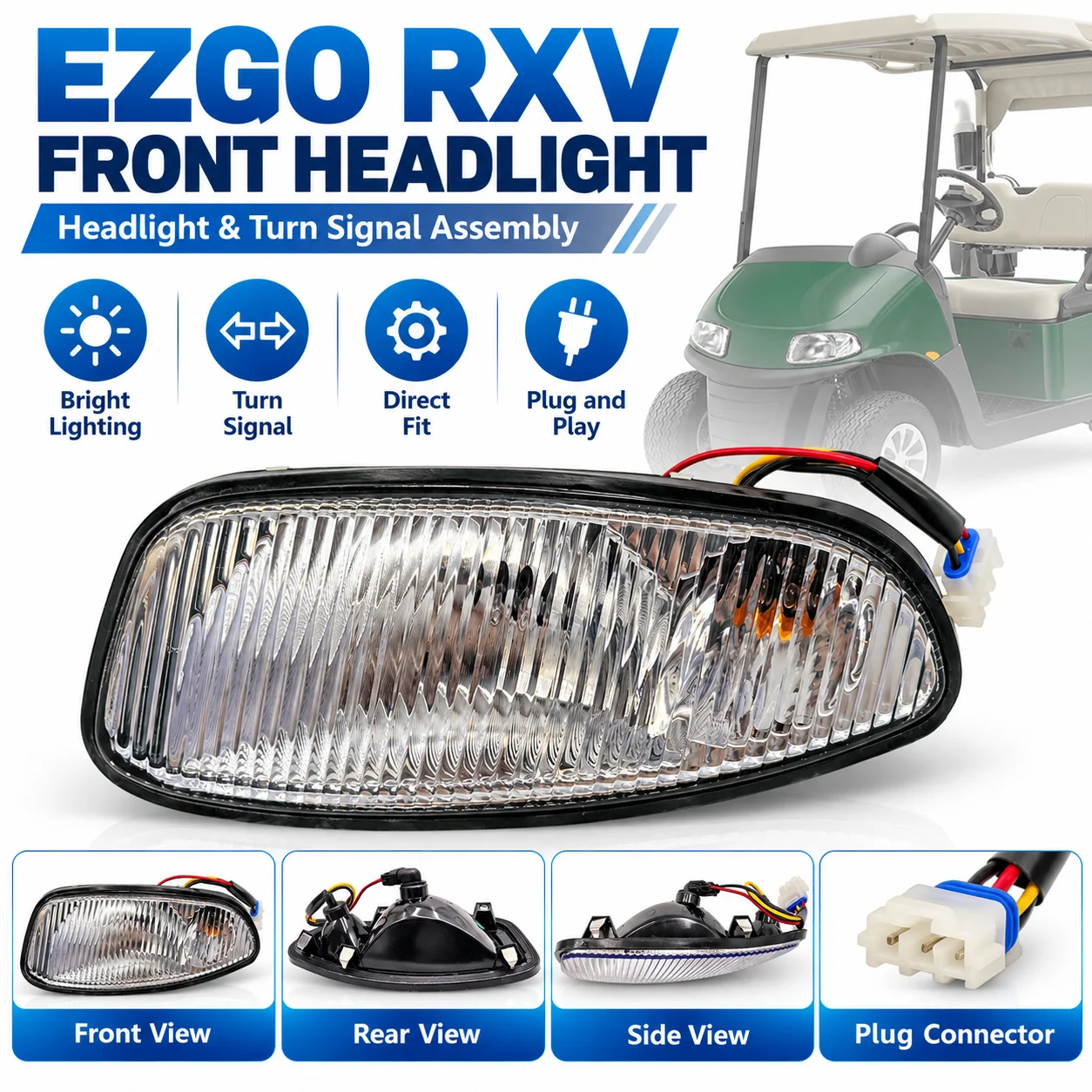 E-Z-GO RXV LED Front Headlight With Turn Signal, Lighting Lamp For Electric Patrol Golf Cart