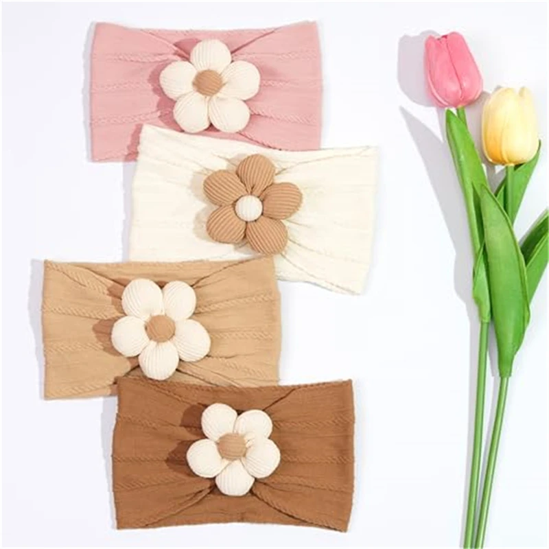 

Children Turban Headwear Lovely Flower Elastic Nylon Girl's Five Petal Flower Baby Headband For Kids Hair Accessories