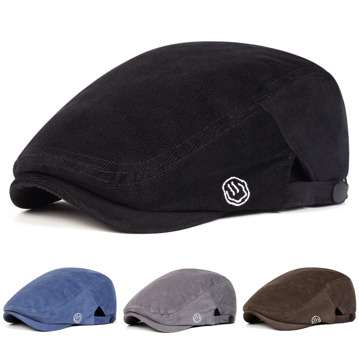 Unisex Smiling Face Embroidery Corduroy Newsboy Caps British Painters Hats Spring Autumn Adjustable Flat Cap Hip Hop Berets Hat