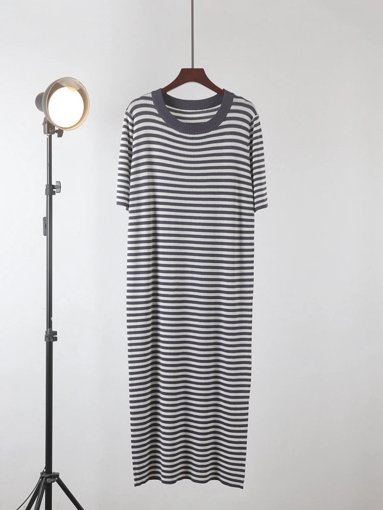 韓国スタイル春/夏ソリッドカラープルオーバールーズウエストストライプロングTシャツドレス女性用