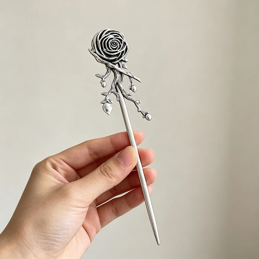 Novel Vintage Gothic Rose Hair Stick Antique Silver Metal Branch Rose Dark Floral Witch Hair Accessories for Women Long Hair