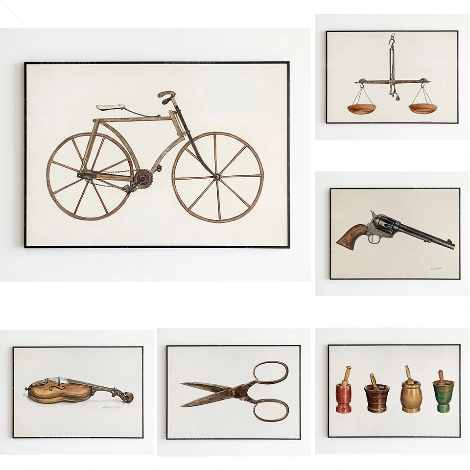 Augustine Haugland violin, Elisabeth Mutal mortar and pestle, scissors, gun, scales - Wilhelm Keckerhoff, bicycle poster printin