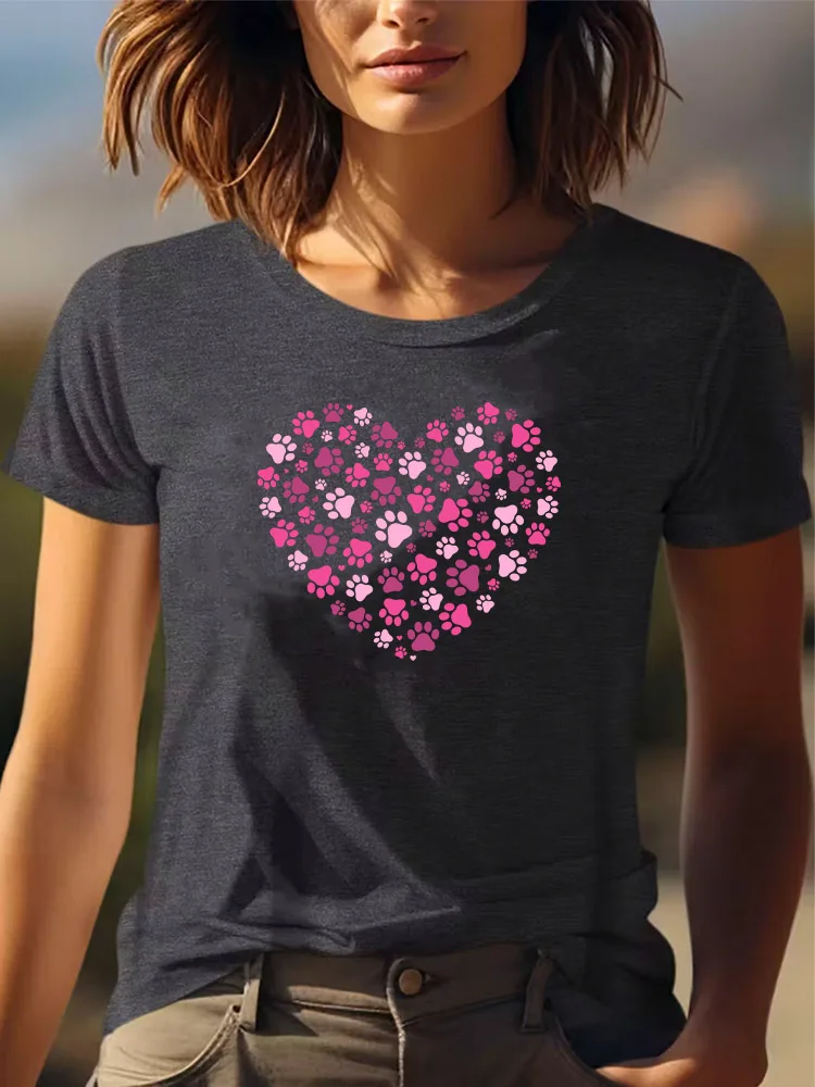 Różowa koszulka damska z grafiką psiej łapy i serca, na każdą porę roku, z krótkim rękawem, okrągły dekolt, szara koszulka, 180g, na każdą porę roku.