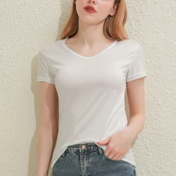 2024 Short T-Shirts Summer Women's Short Sleeve Round Neck Casual Blouse Shirts Solid Color Tops  Black / White