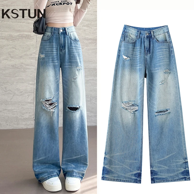 

KSTUN/2020 летние потертые джинсы, женские рваные мешковатые брюки с высокой талией, свободные широкие брюки для девочек, уличная одежда, рваные дырки