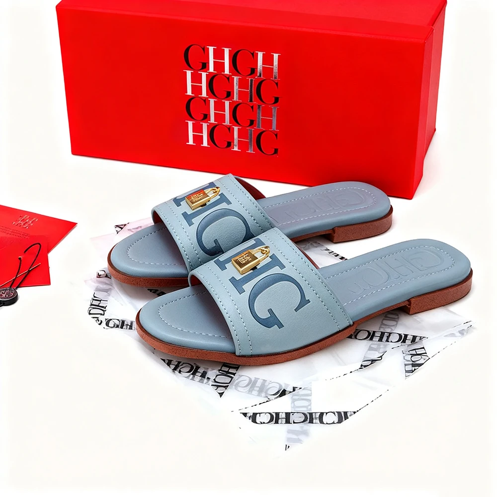 

CHIc Navy Blue Slide Sandals 2025 Leather Slippers Gold Metal Buckle Flat Comfortable For Women Beach Vacation Light Luxury Gift