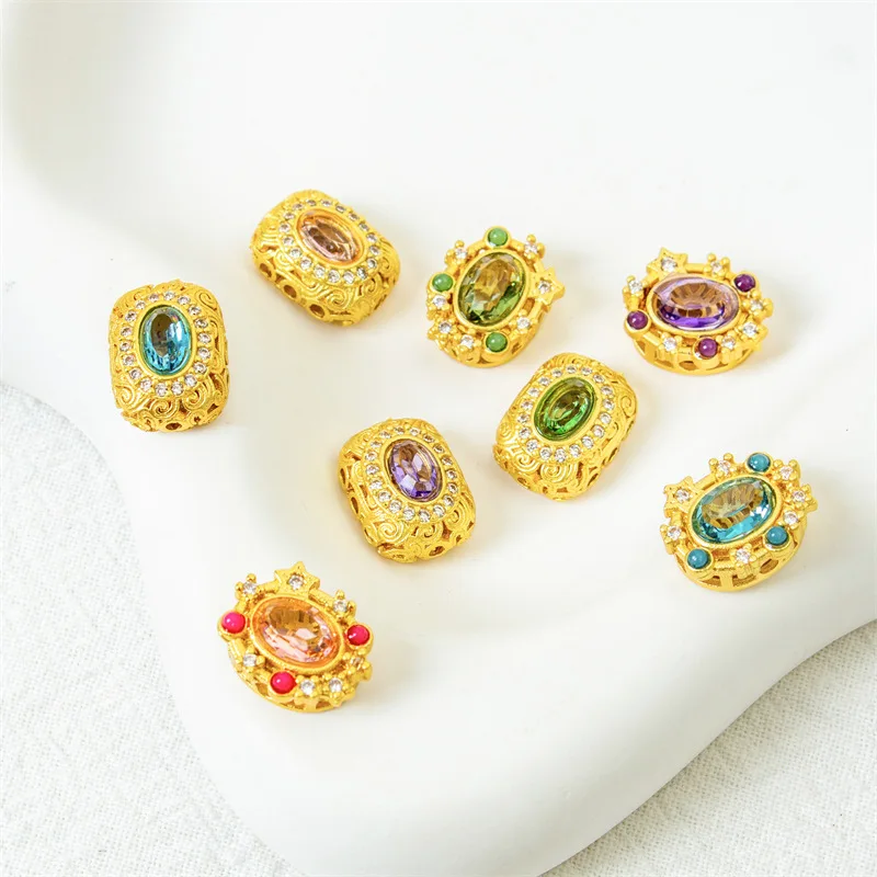 5 Pcs Copper Gold-plated Inlaid Colored Crystal Hollow Spacer Beads DIY Pearl Bracelet Necklace Hand String Jewelry Accessories