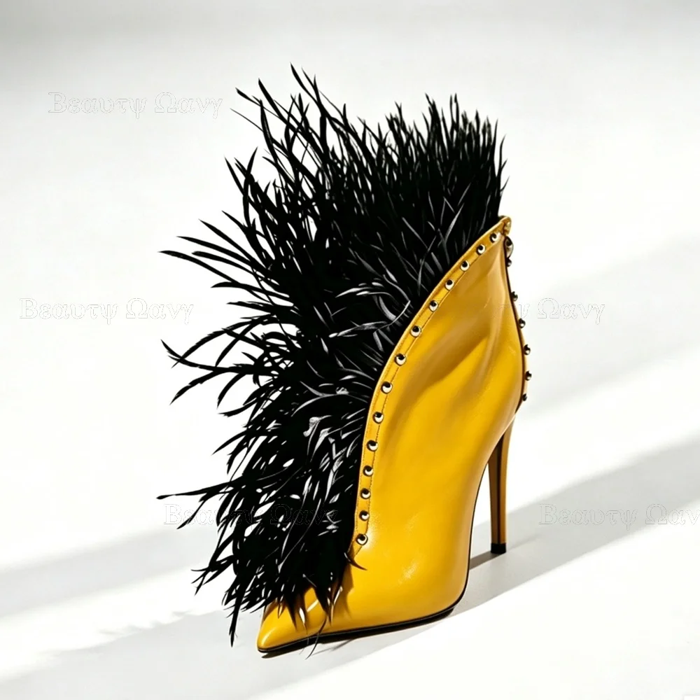 Black Yellow Fur Decor Pumps Women Shoes Rivet Sandals Pointed Toe Square Chunky High Heel Shoes for Girls Zapatos Para Hombres