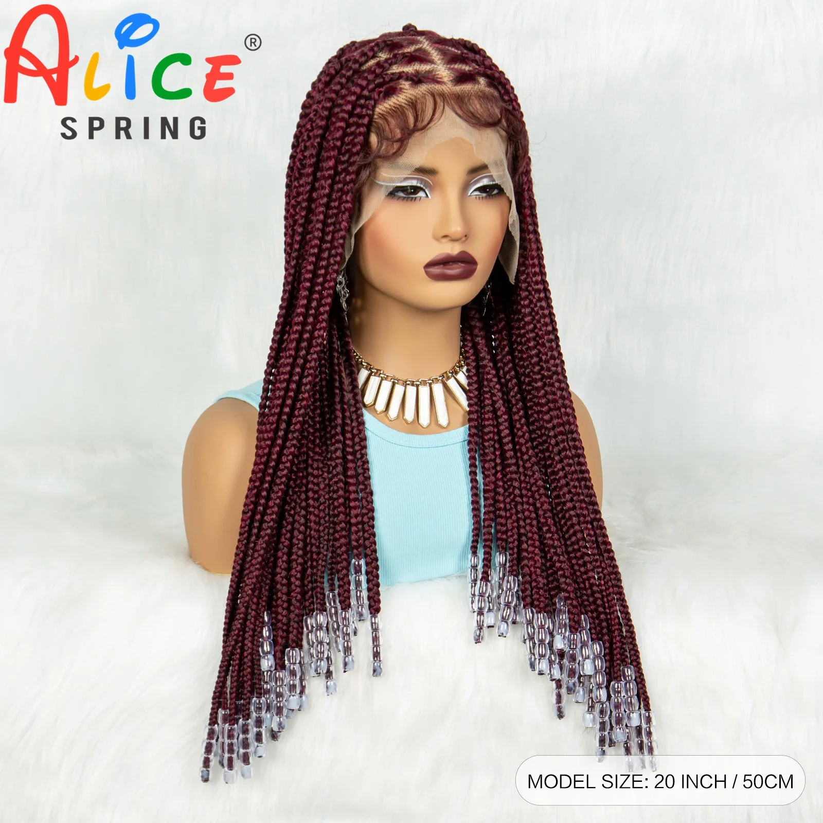 Bungundy Synthetic Full Lace Braided Wigs for Women Braided Wigs with Beads Knotless Cornrow Twist Braids Wigs with Baby Hair