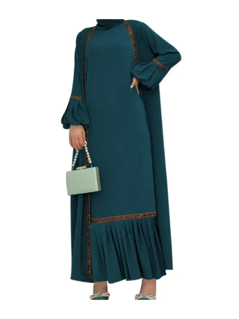 

Muslim Women Hijab Dress 2 Piece Set Eid Lantern Sleeve Maxi Long Dress Islamic Clothing Caftan Kimono Big Swing Abaya Dresses