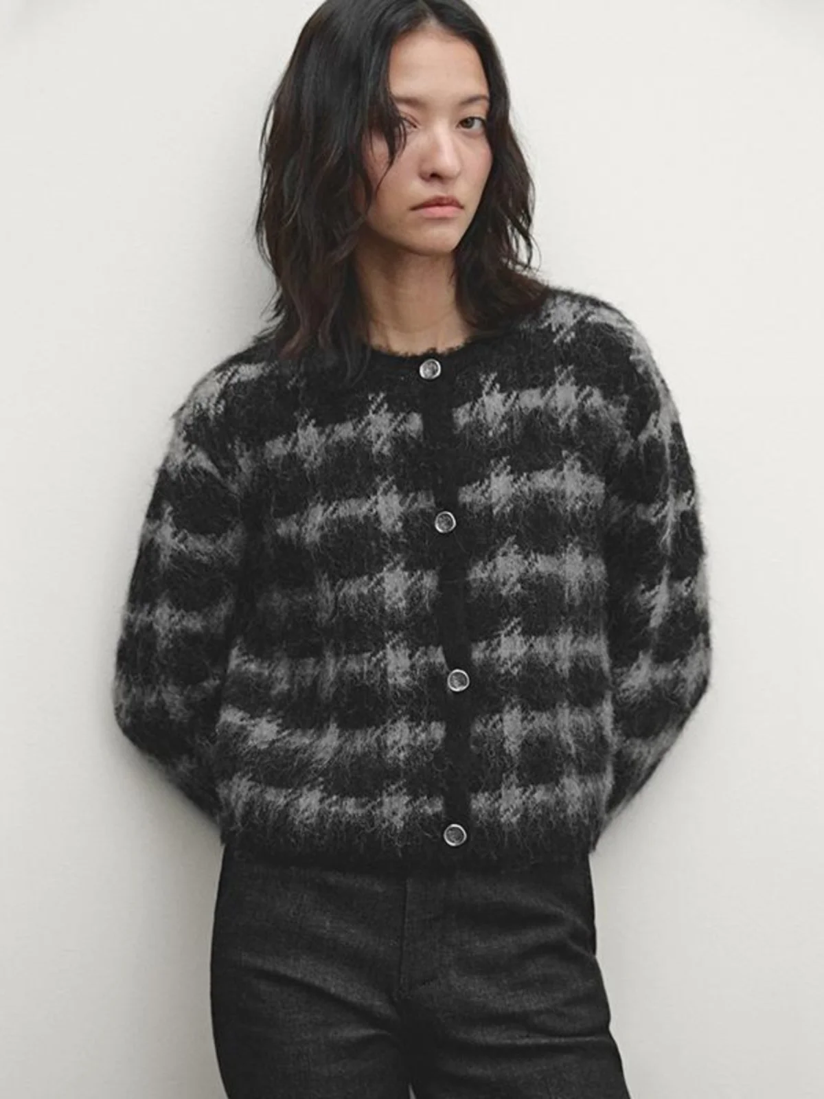 MD レディース ファッション 秋冬新作 ラウンドネック ニット アウター チェック柄 オープンカーディガン ロング丈 通勤 スタイリッシュ