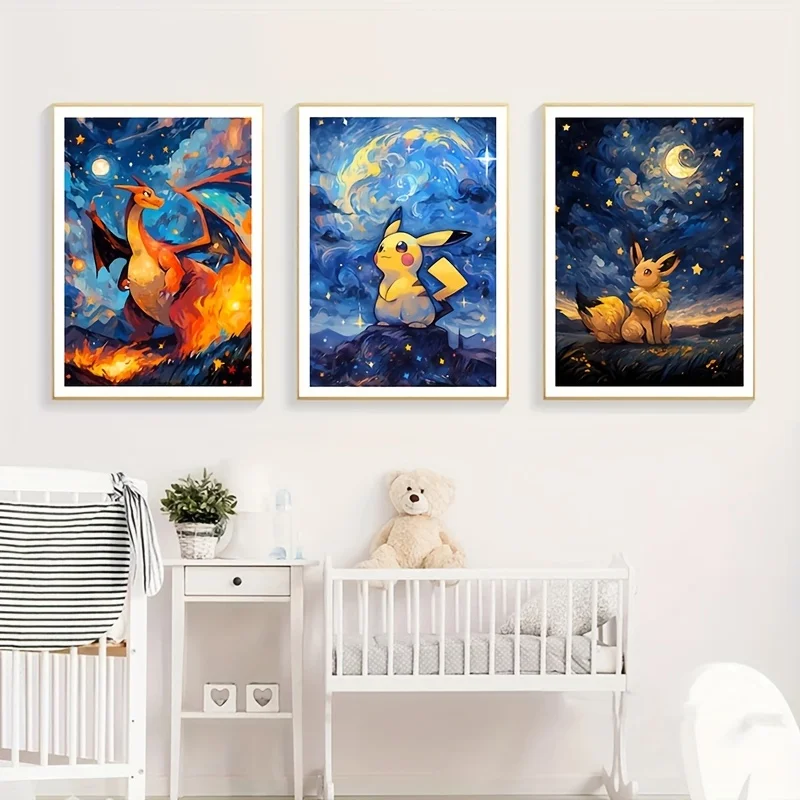 

3Pcs Pokemon Poster Pikachu Charizard Eevee Canvas Painting Japanese Anime Wall Art Wall Bedroom Home Decor Unframed