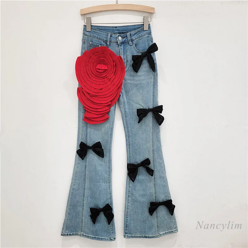 

Hot Girl Bow Design Skinny Jeans Women's Autumn Retro Washed High Waist Slimming Stretch Denim Trousers Street Flower Pants