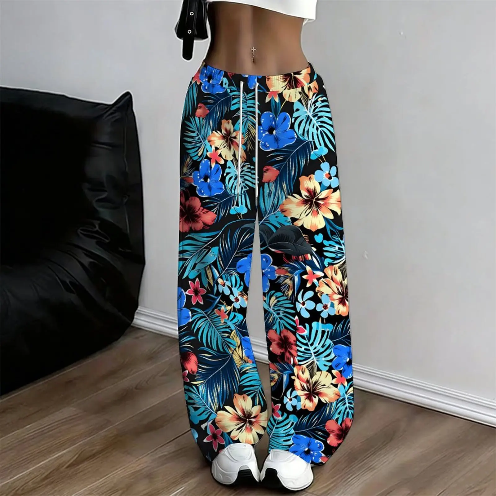 Women Multicolor Spiral Print Wide Leg Pants Elastic Waist Drawstring Loose Fit Summer Casual Beach Resort Long Trousers Stree