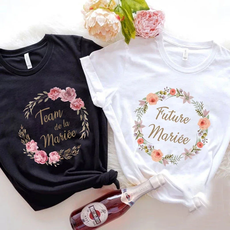 French Team Bride T-shirt Flower Crown Graphic Tops Girls Single Farewell Bachelorette Party Blouses Bridal Wedding Tees