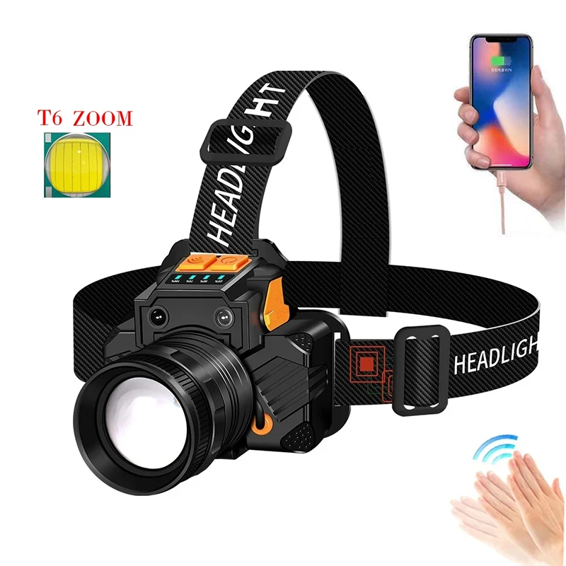 T6 LED Sensor Headlight High Power Rotary Zoom Headlamp Built-in Battery USB Rechargeable Waterproof Outdoor Camping Flashlight