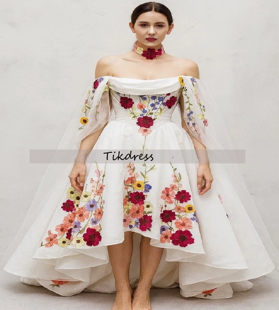 

Colorful Flower Boho Wedding Dress 2025 Off Shoulders Satin Hi Low Bohemian Bridal Dress Elegant Mexican Bride Dress Customized