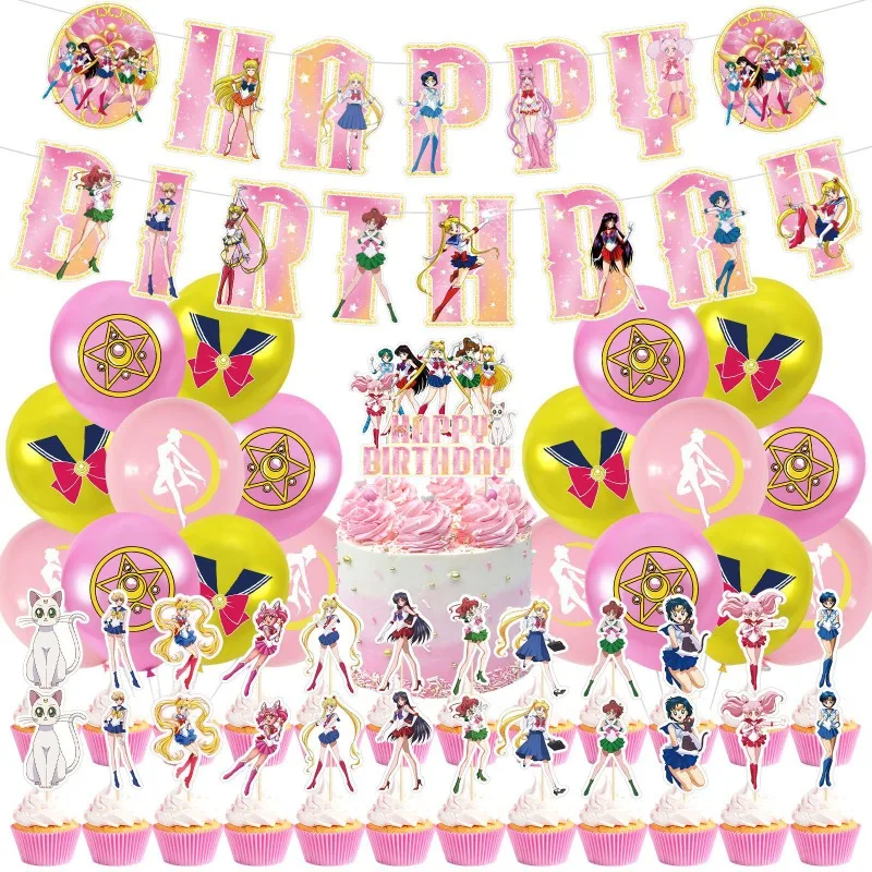 Vaisselle de fête d'anniversaire Sailor Moon, 4 pièces, bannière jetable, décoration de gâteau, drapeau suspendu, ballons Sailor Moon, décoration d'anniversaire