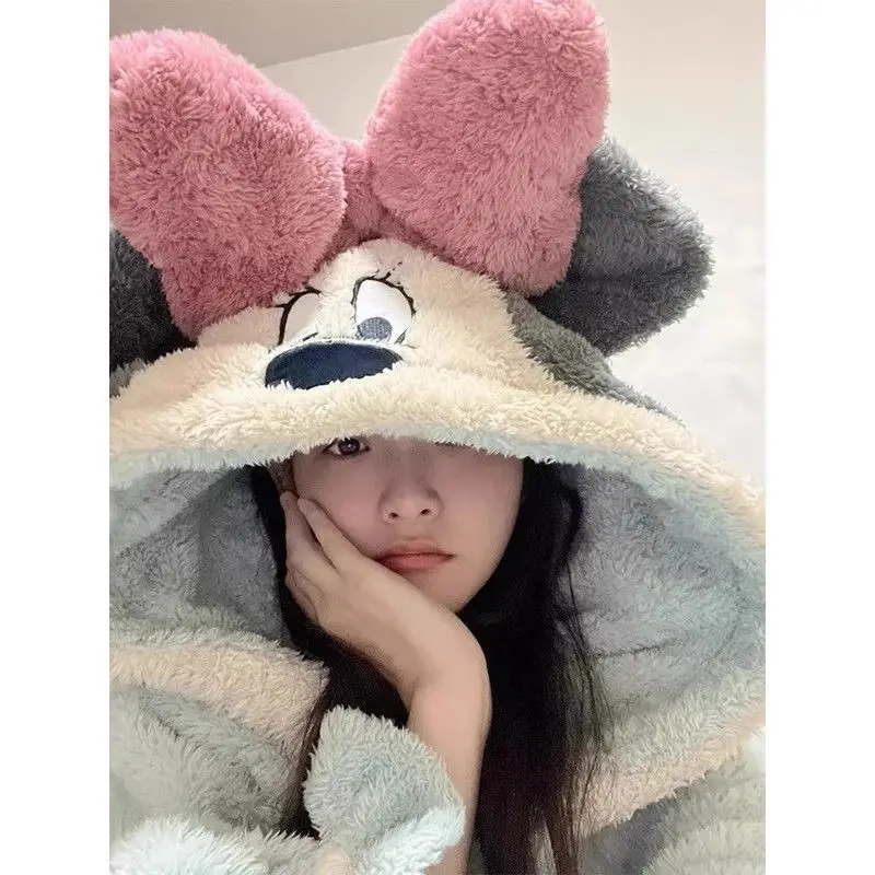 Miniso Green Disney Mickey Mouse Plush Pajamas Big Bows Kawaii Warm Hooded Robe Button Oversized Winter Sleepwear Women Clothing