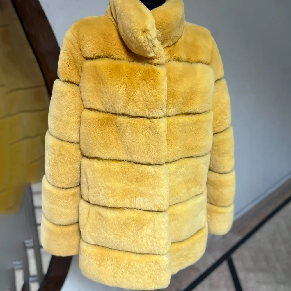 Yellow Womens Real Rex Rabbit Fur Coat Winter Luxury Genuine Fur Thick Overcoat Fashion Warm Natural Fur Outwear