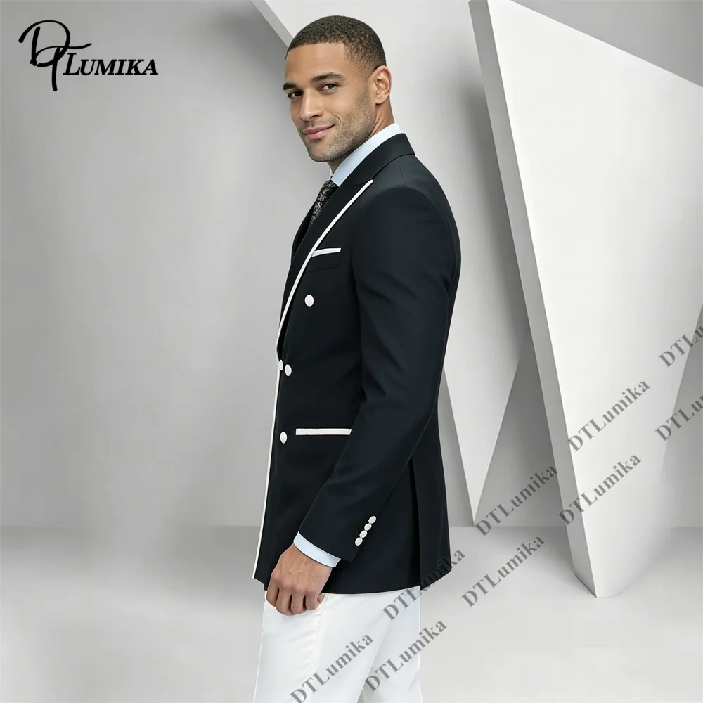 Men's 2 Piece Double Breasted Suit Black Blazer White Pants Contrast Color Slim Fit Formal Wedding Prom Party Fashion Tuxedo