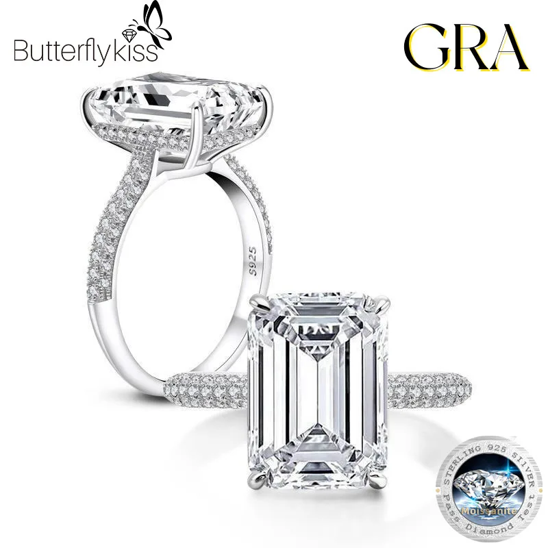 Butterflykiss Luxury 10*14mm Emerald Cut Moissanite Engagement Wedding Ring S925 Sterling Silver Rings For Women Jewelry Gifts