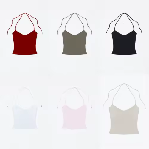 Tank Women's Open-Back Stretchy Camisole Top with Metal Accessories and Self-Tie Shoulder Straps, Low-Neck Sexy Halter Top - Image 6