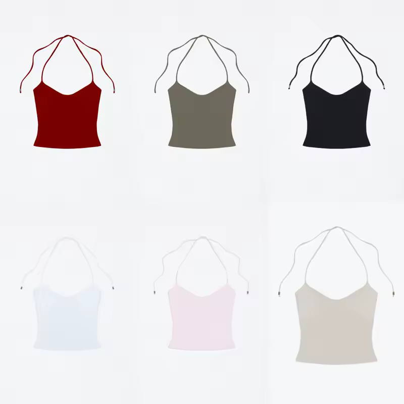 Tank Women's Open-Back Stretchy Camisole Top with Metal Accessories and Self-Tie Shoulder Straps, Low-Neck Sexy Halter Top - Image 6