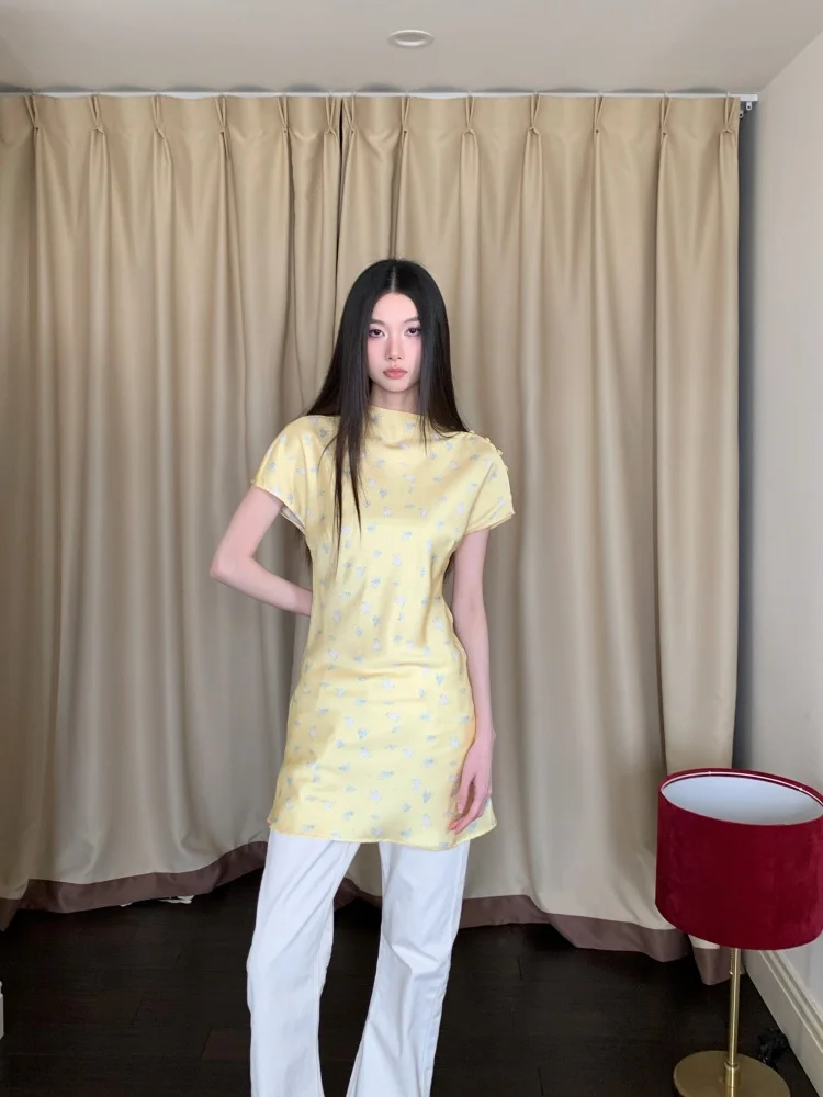 CHEERART Yellow Rabbit Animal Print Satin Short Dress For Woman Summer 2025 Short Sleeve Cute Mini T Shirt Dress Vintage Clothes