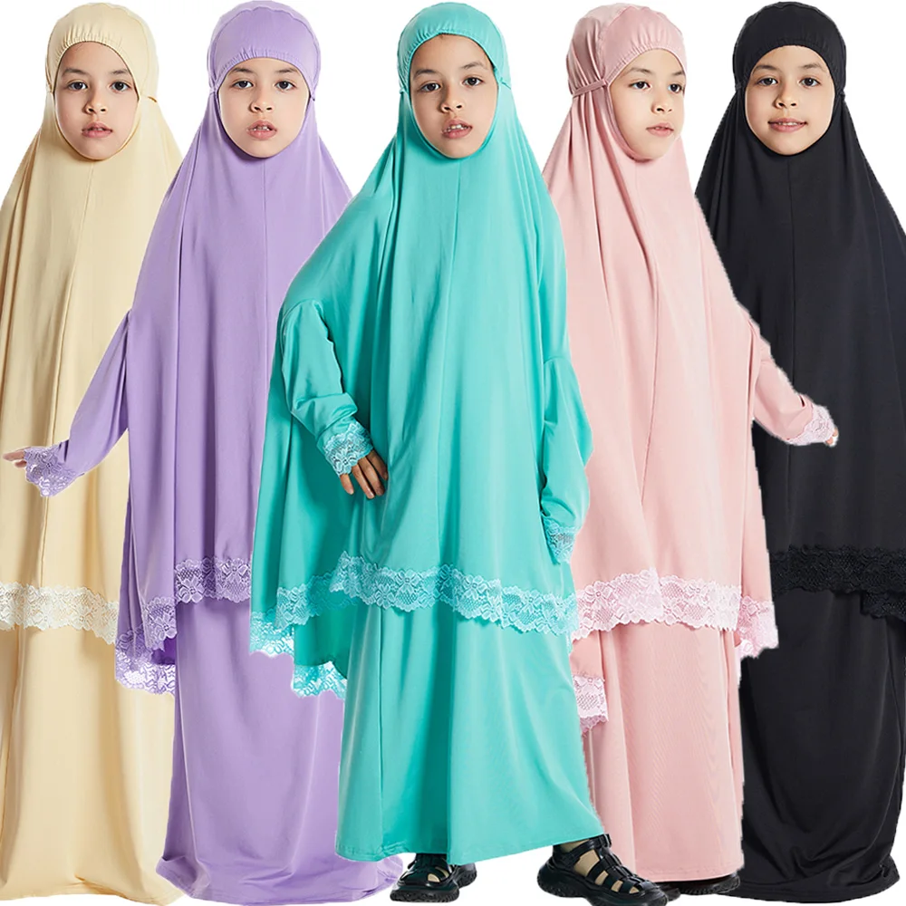 

2Pcs Traditional Muslim Kids Khimar Abaya Maxi Dress Islamic Hijab Burka Long Skirts Arab Shawls Headscarf Prayer Robe Clothing