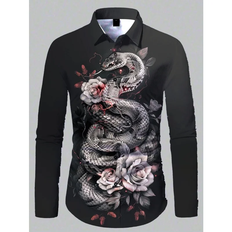 Colorful Flower Snake Pattern Hawaiian Shirts For Men Cool Animal 3D Printed Aloha Shirts Casual Loose Long Sleeve Tops Blouses