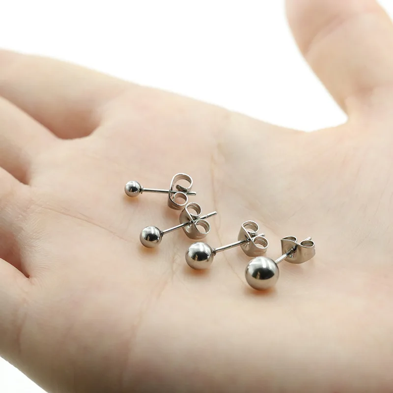 10pcs/lot Solid Round Ball Earring Stud Post Fit 316L Stainless Steel Hypoallergenic Bead Earring Jewelry 2/3/4/5/6mm