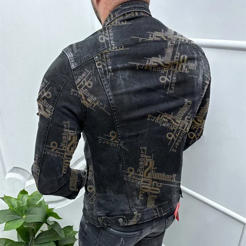 Fashionable Letter Print Denim Jackets Mens Streetwear Vintage Slim Fit Jean Shirt Jacket Autumn Casual Lapel Mens Denim Coats