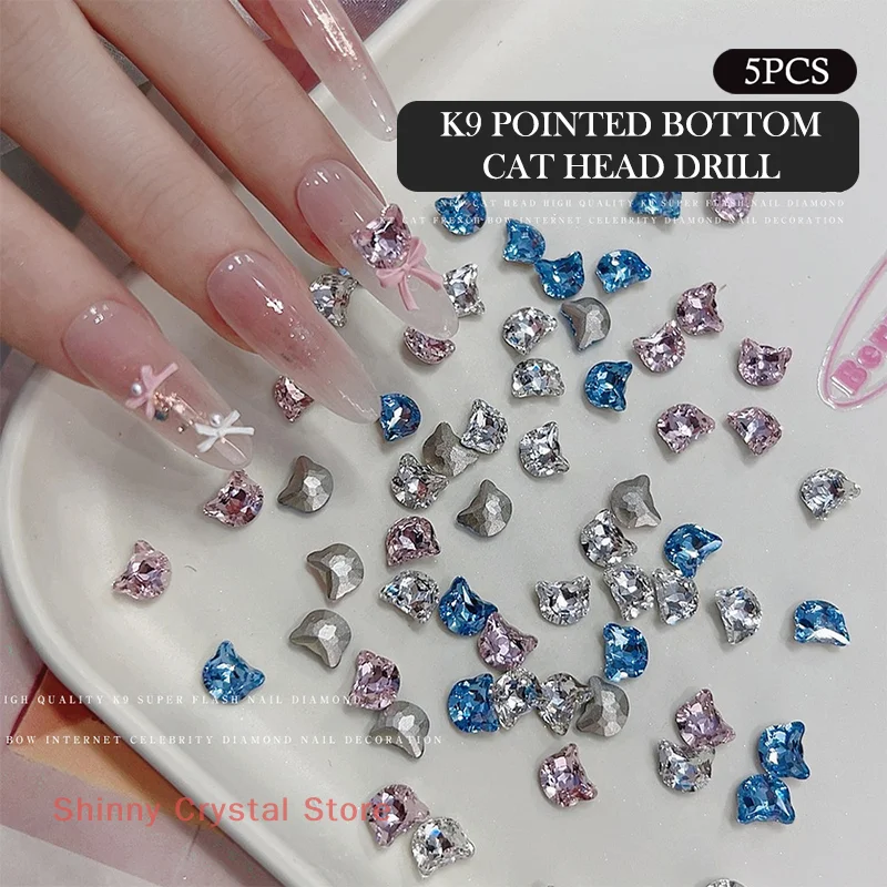 5 قطع سوبر البريق واضح الزركون كبير وأشار الماس القط رئيس شكل مسمار الفن الراين زينة مانيكير سحر