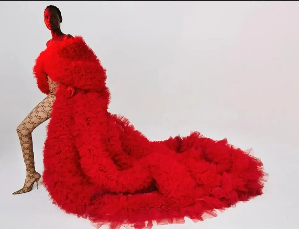 Luxury Red Full Ruffles Tulle abiti giacca lunga a strati Lush Mesh Overlay Coat donna Kimino Robes Photography Gown Custom Made