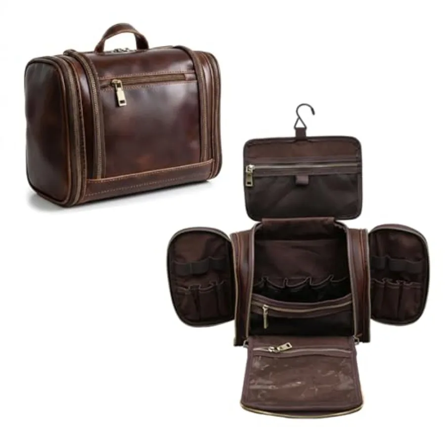 

Мужская дорожная подвесная косметичка-органайзер из натуральной кожи, большая, коричневая, для бритья и косметики, универсальная