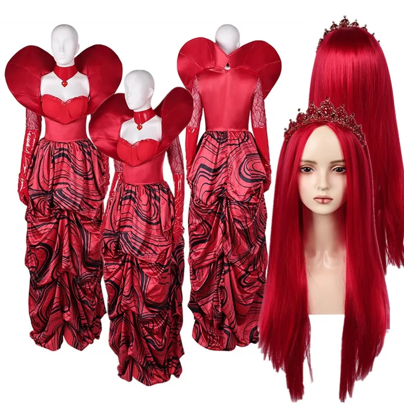 Queen of Hearts Cosplay Descendants Disguise Costume Adult Women Red Dress Wig Headband Outfits Halloween Carnival Party Suit