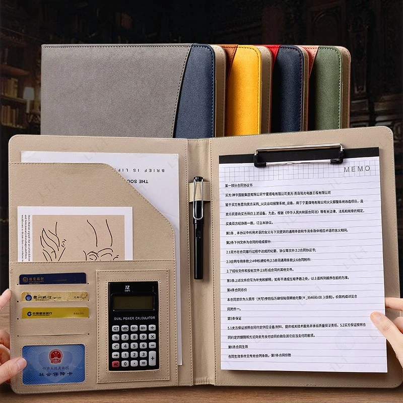 

A4 Leather Conference File Folder Multifunctional Business Negotiation Booklet Sales with Calculator File Board Clip