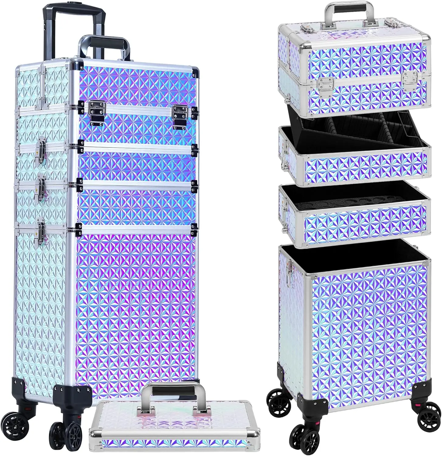 

5-in-1 Rolling Makeup Train Case with Wheels, Large Cosmetic Organizer for Travel and Salon Use, Silver