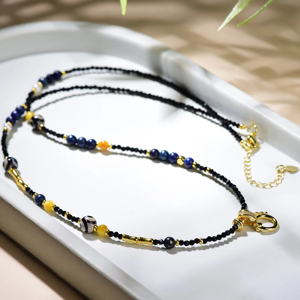 

Retro Chinese Ethnic Style Mix and Match Dzi Agate Lapis Lazuli Beaded Color Matching Play Crystal Necklace Choker Gifts